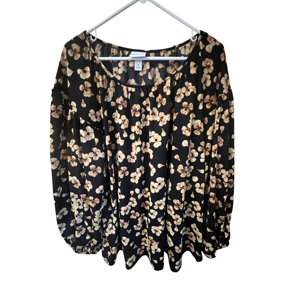 Ava & Viv Black Floral Print‎ Long Sleeve Blouse Top Plus Size 1X